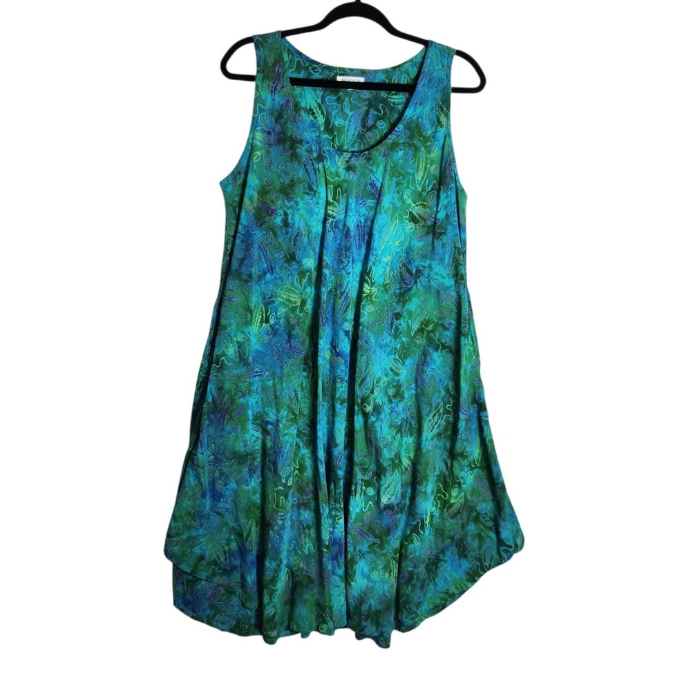 Novica Womens XL Green Blue Batik Print Rayon Sleeveless A-Line Dress Indonesia